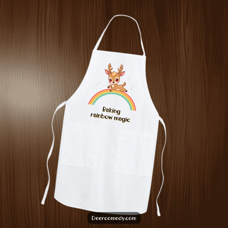 Funny kawaii deer apron featuring a deer with sparkling eyes, playfully leaping over a rainbow while cooking.