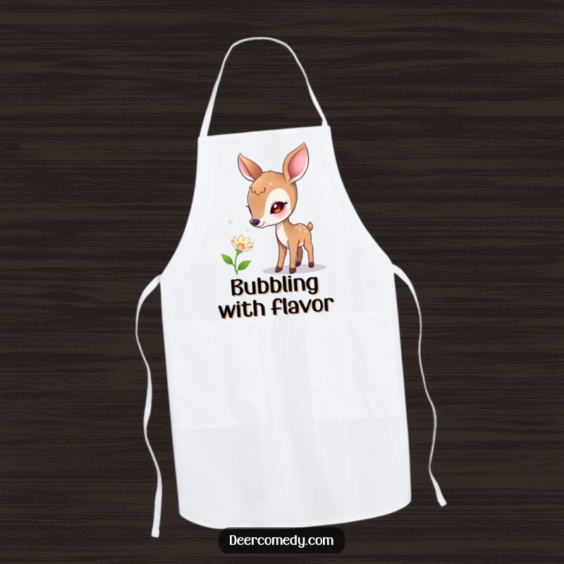 Funny apron with a curious deer sniffing a flower emitting tiny, sparkling bubbles, bringing whimsical fun to cooking and baking.