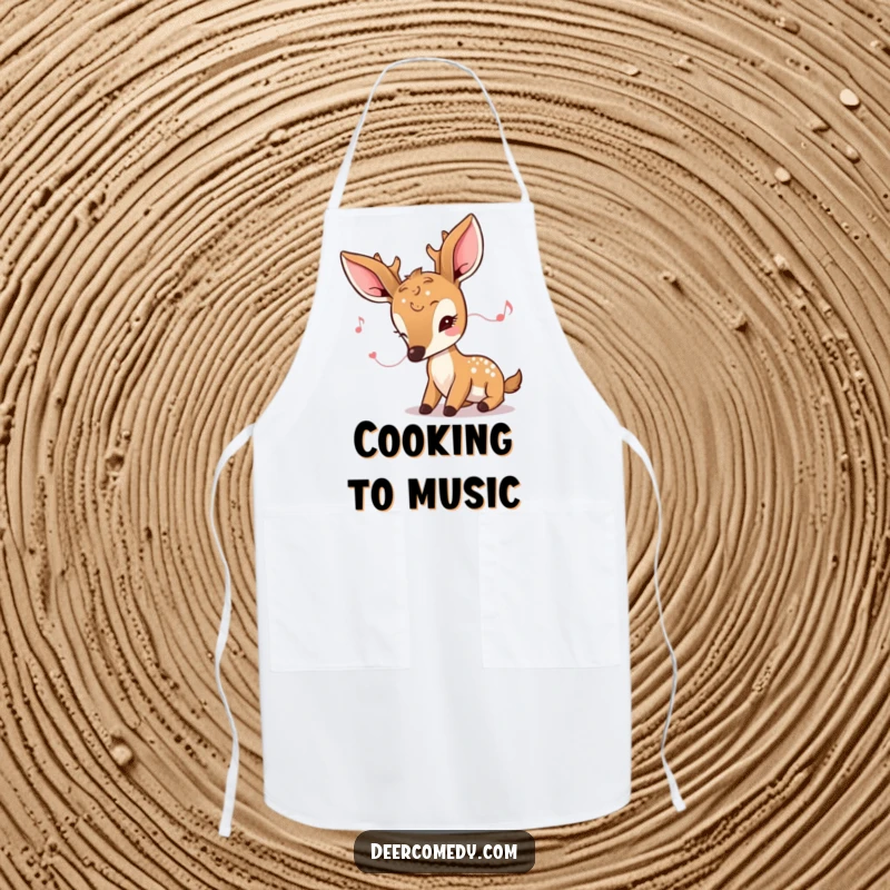 Funny kawaii deer apron featuring a deer with oversized ears, listening intently while cooking.