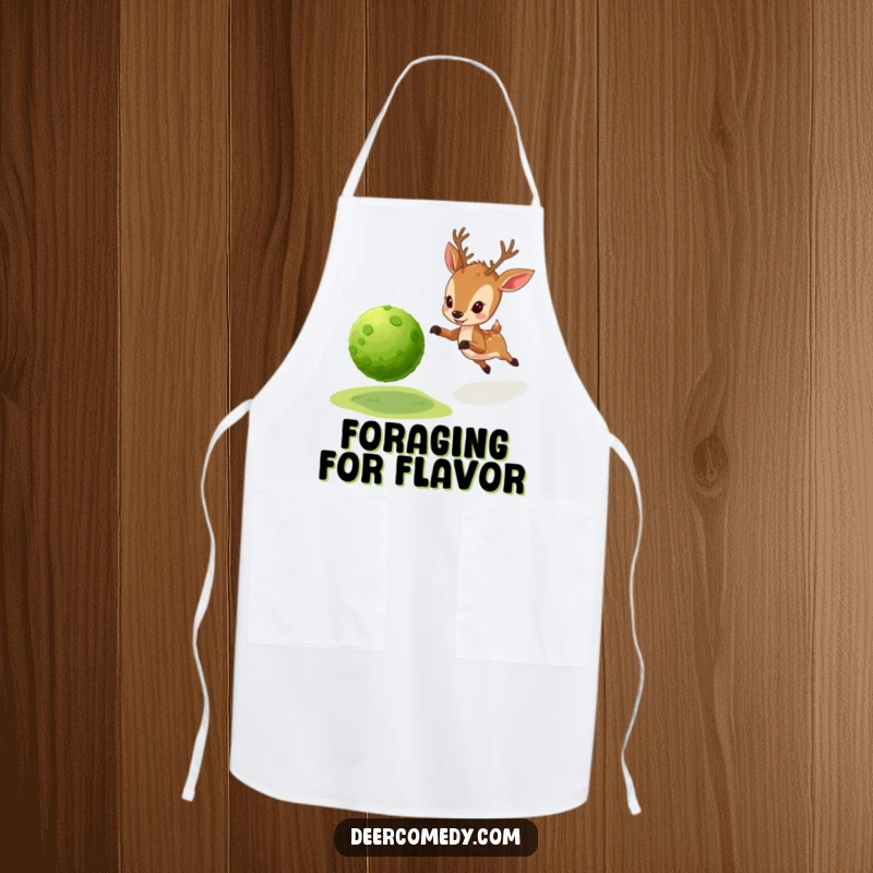 Funny baker's apron depicting a little deer enthusiastically chasing a bouncy ball made from green moss.