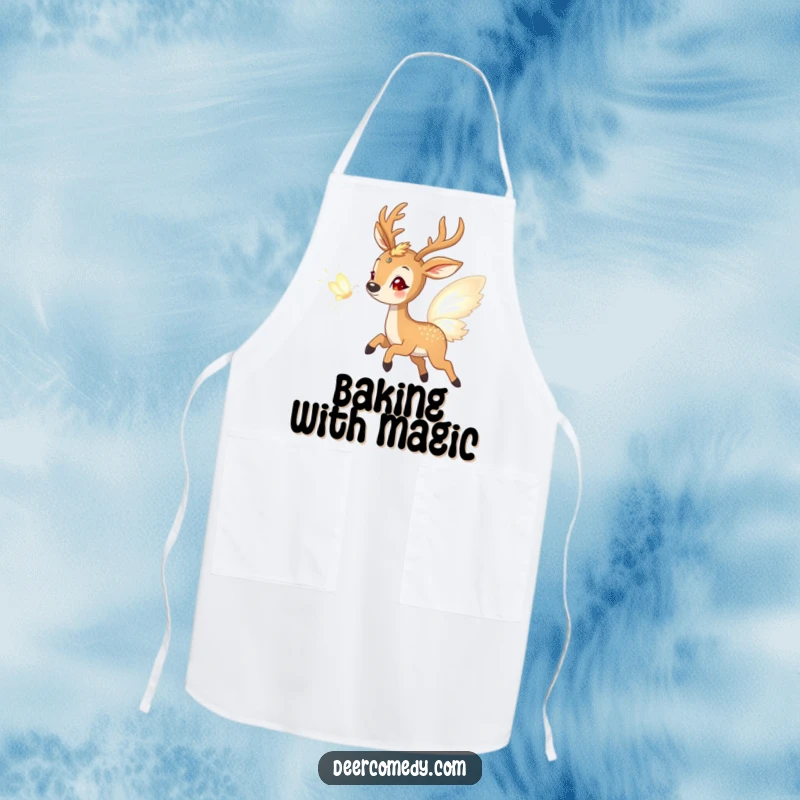 Funny apron showing a delighted deer in pursuit of a glowing butterfly made of light, bringing whimsical joy to kitchen activities.