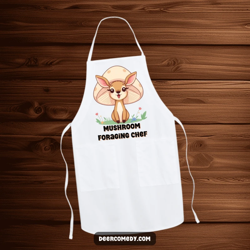 Funny apron illustrating a deer peeking from behind a giant mushroom, ideal for kitchen adventures and nature lovers.