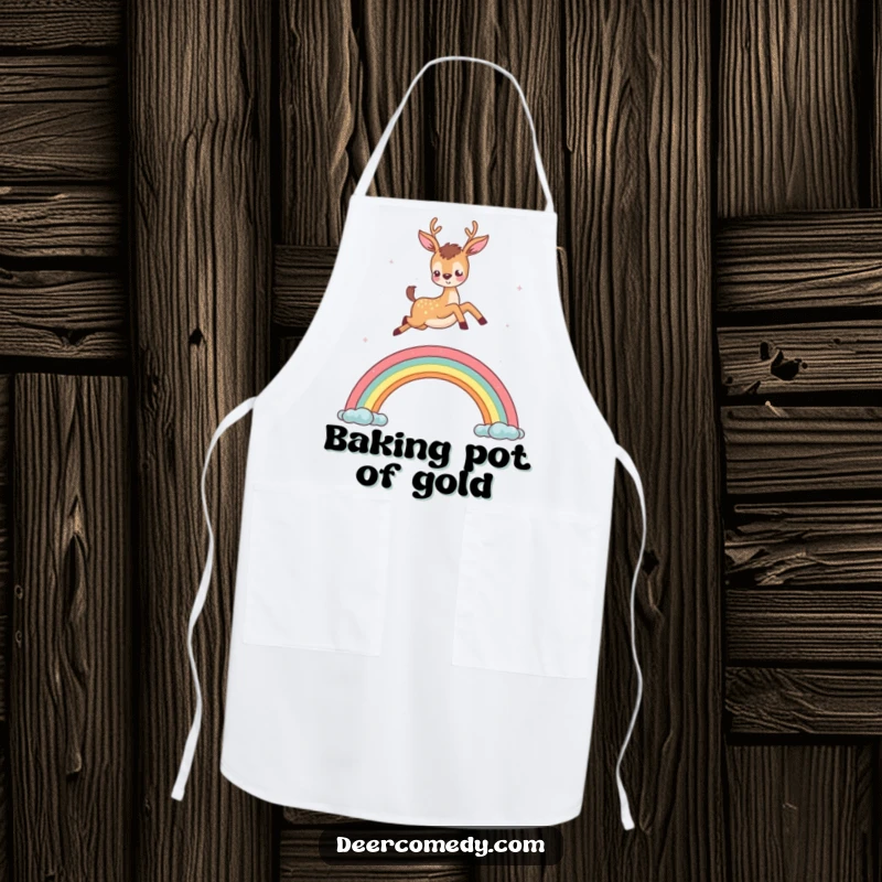 Funny apron showcasing a deer leaping over a rainbow, adding a touch of magic and humor to kitchen tasks.