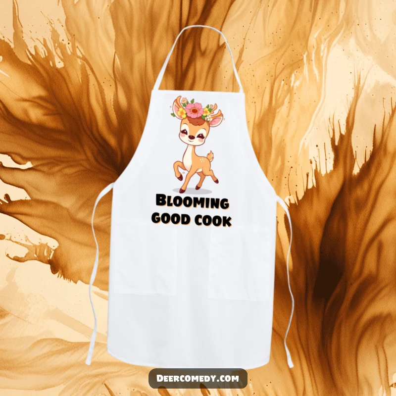 Funny apron with a kawaii deer wearing flowers, prancing with joy while cooking, a cute and funny kitchen gift.
