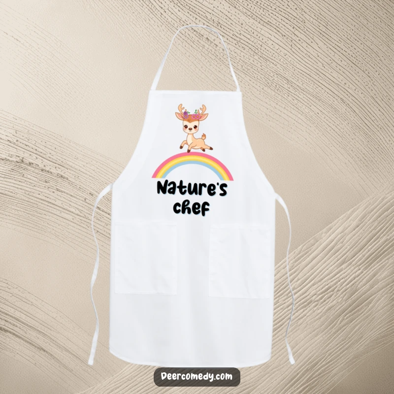 Funny baker's apron showing a cute deer with flowers in its antlers joyfully leaping over a vibrant rainbow.