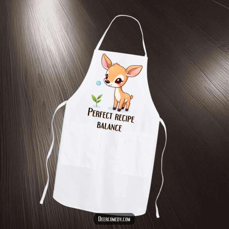 Funny apron illustrating a deer balancing a dewdrop on its nose, ideal for cooks who appreciate subtle humor.
