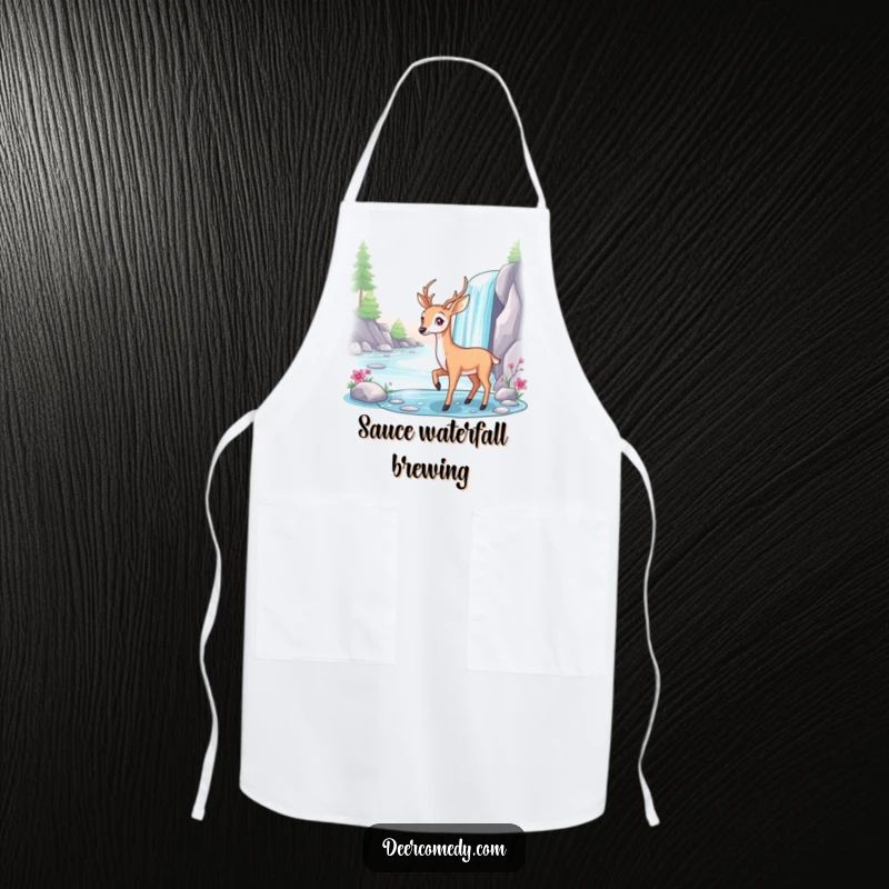 Funny baker's apron depicting a graceful deer posing elegantly beside a sparkling waterfall.