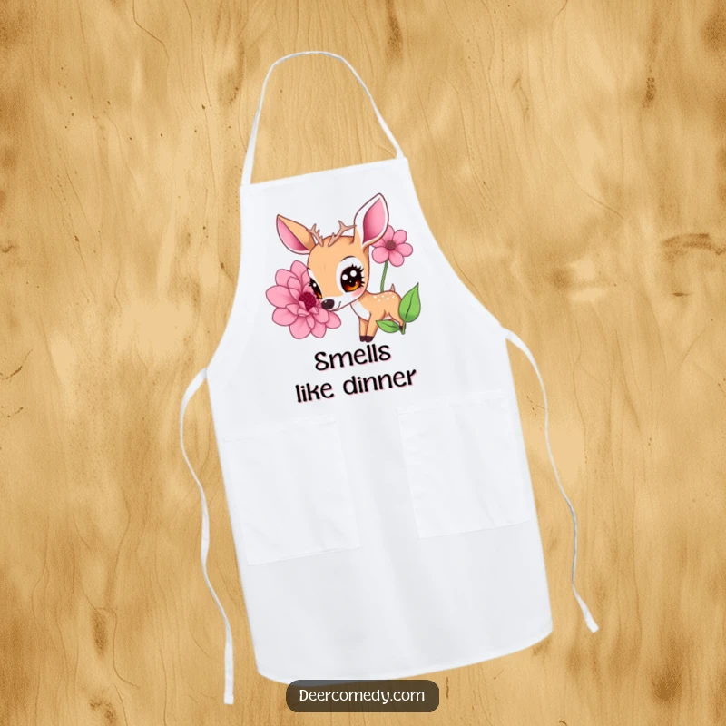 Funny apron featuring a kawaii deer with big eyes, smelling a giant flower, a cute and funny kitchen gift.