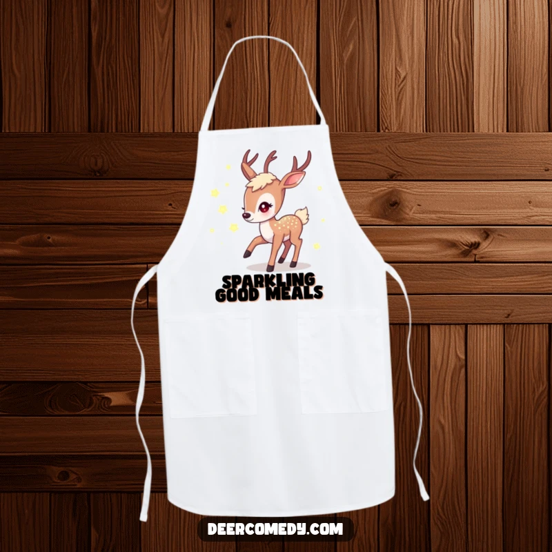 Funny apron with a shimmering kawaii deer chasing fireflies, adding magic to the kitchen, a funny gift for cooks.
