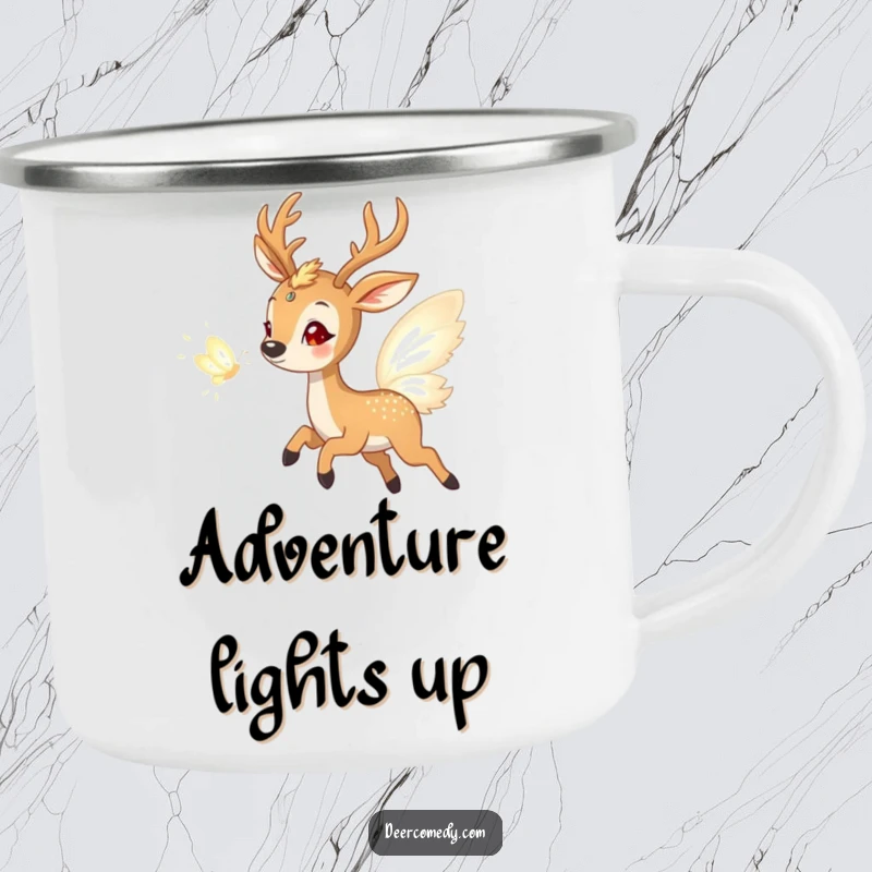 Funny camping mug with a delighted deer chasing a glowing butterfly made of shimmering light, ideal for whimsical outdoor adventures.