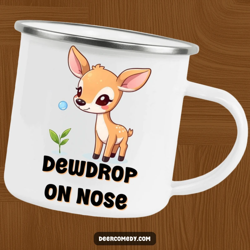 Funny camping mug with a deer balancing a dewdrop on its nose, ideal for nature lovers and those who appreciate quiet moments.