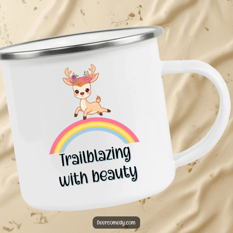 Funny camping mug depicting a cute deer with flowers in its antlers joyfully leaping over a vibrant rainbow.
