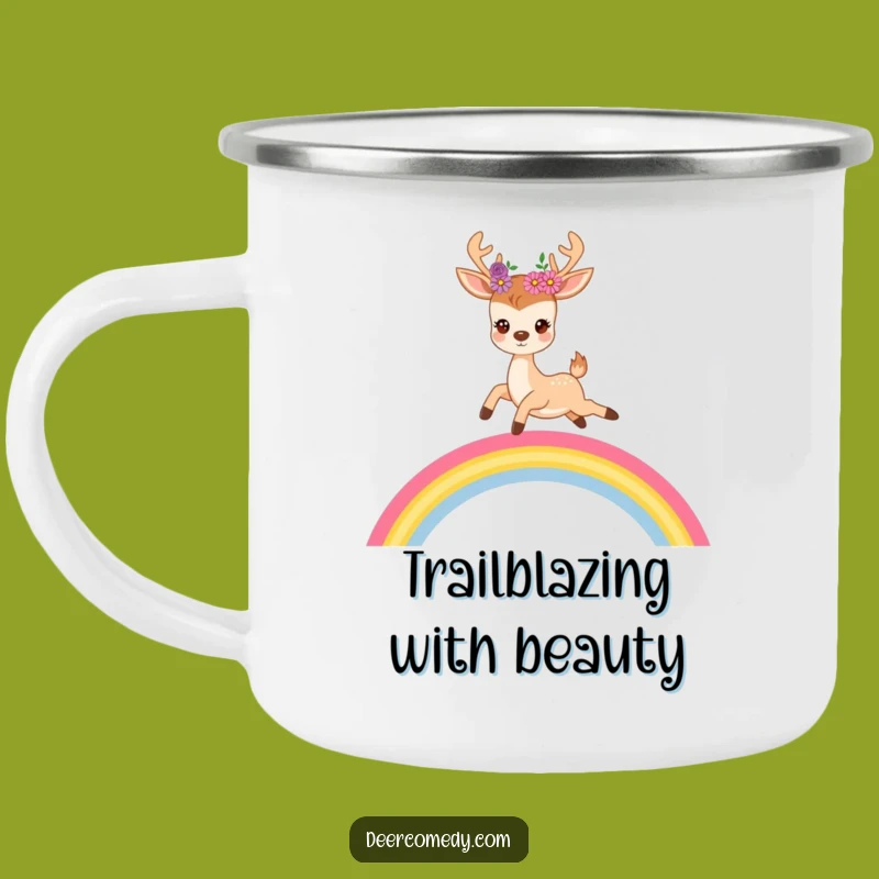 Funny Deer Adventure Mug: Rainbow Leaps for Magical Campouts Gift