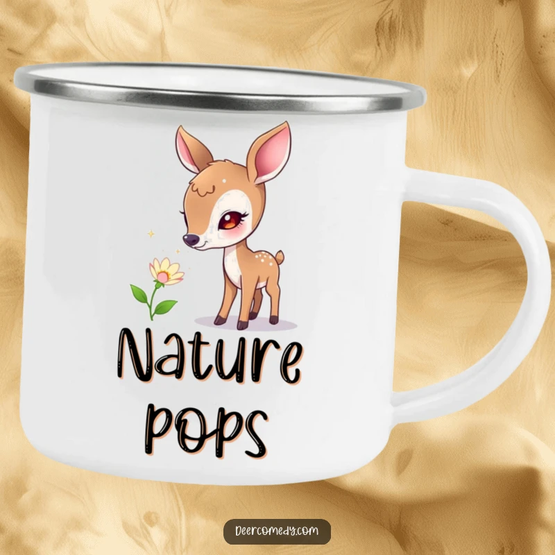 Funny camping mug with a curious deer sniffing a flower that emits tiny, sparkling bubbles, perfect for enjoying nature's little wonders.