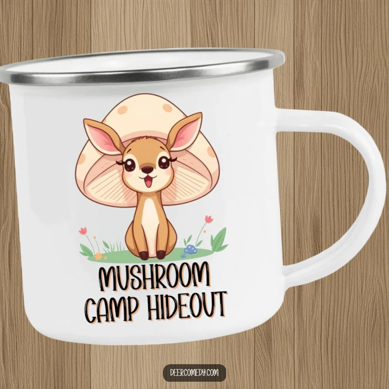 Funny camping mug with a deer peeking from behind a mushroom, perfect for nature lovers and whimsical outdoor moments.