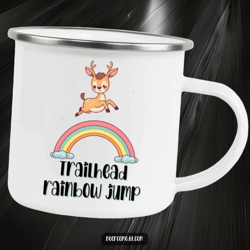 Funny camping mug featuring a deer leaping over a rainbow, ideal for nature lovers and dreamers.