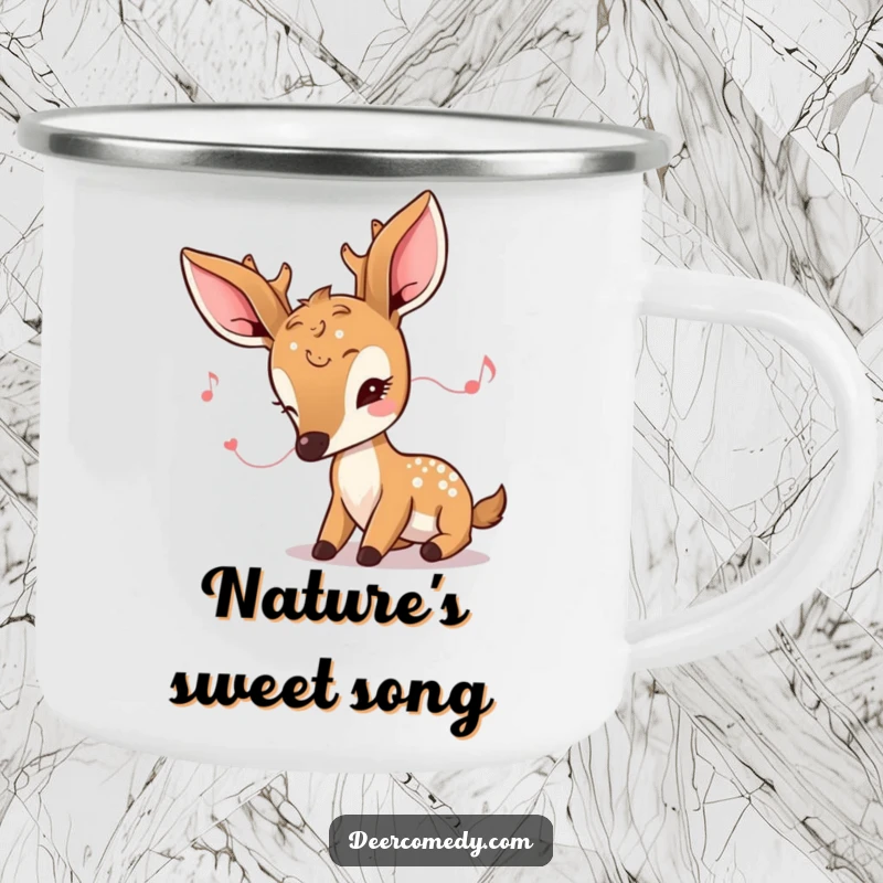 Funny kawaii deer camping mug featuring a deer with oversized ears, intently listening to a soft melody.