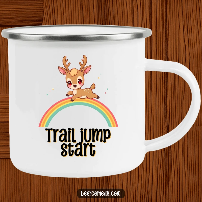Funny kawaii deer camping mug featuring a deer with sparkling eyes, playfully leaping over a rainbow.