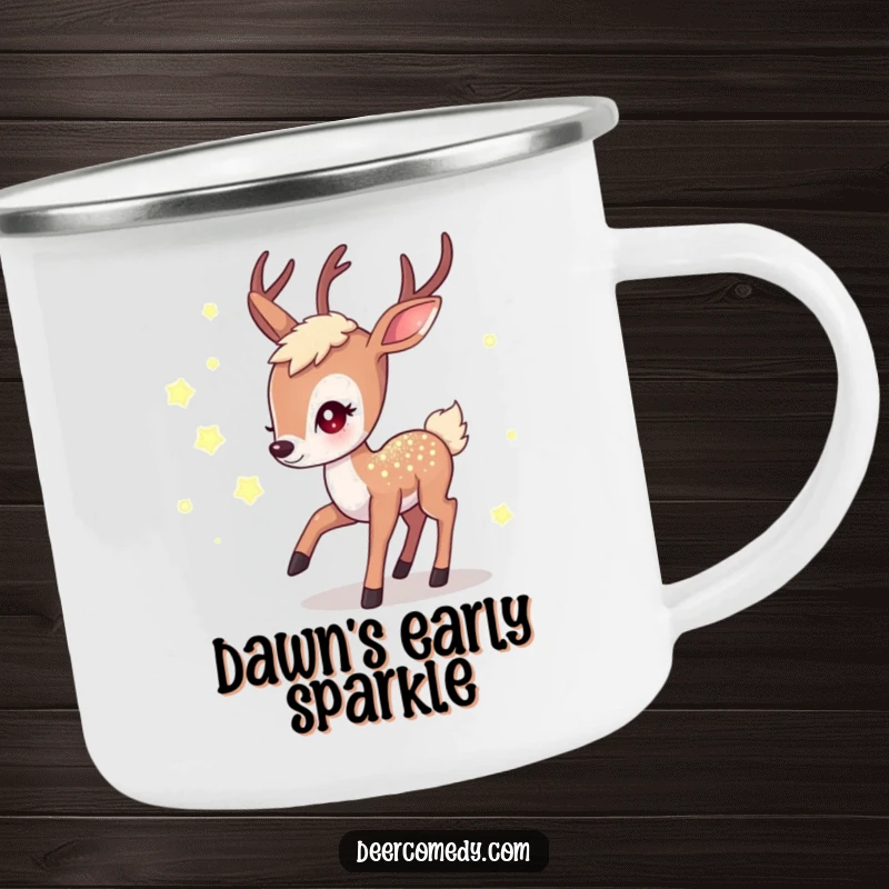 Funny camping mug featuring a shimmering kawaii deer chasing fireflies, perfect for outdoor adventures and a funny gift.