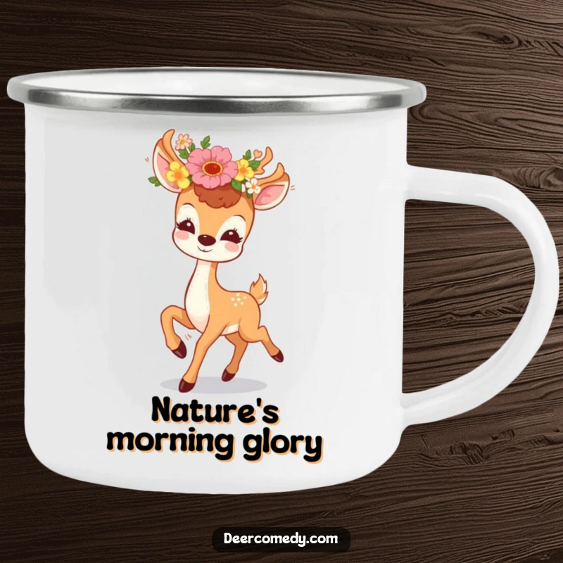 Funny camping mug featuring a kawaii deer with flowers, prancing with glee, perfect for outdoor use and a funny gift.