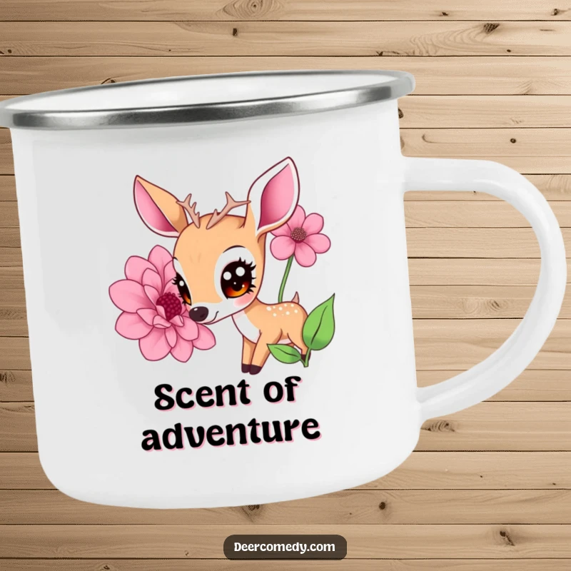 Funny camping mug featuring a kawaii deer with expressive eyes, smelling a giant flower, perfect for outdoors and a funny gift.