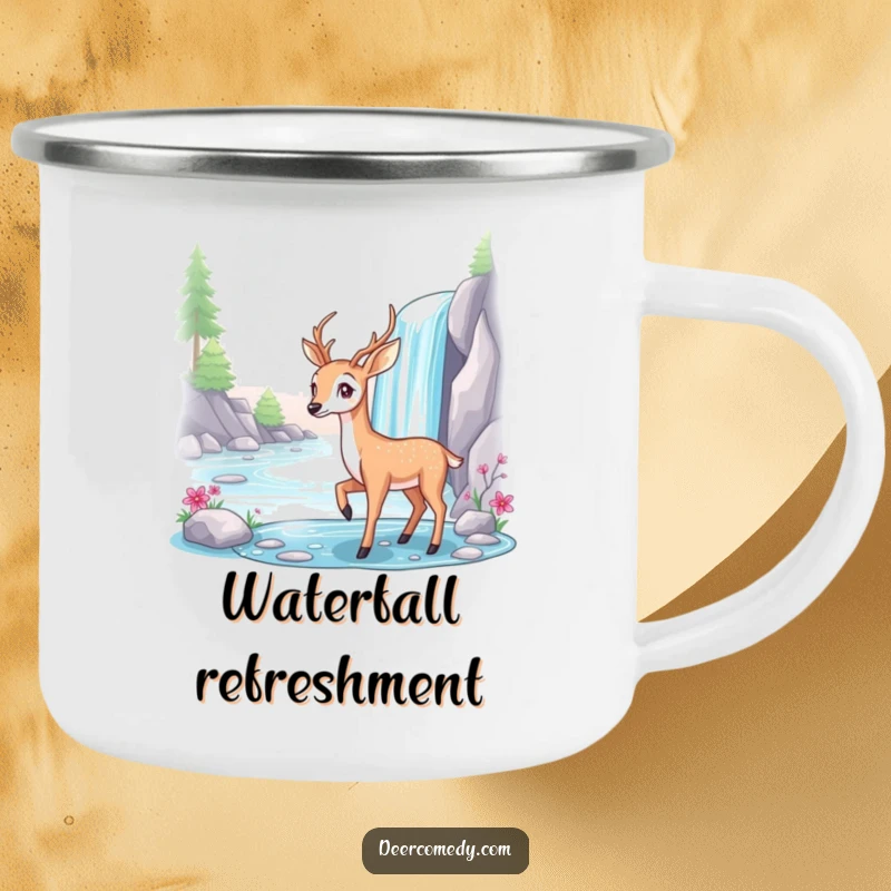 Funny camping mug showing a graceful deer posing elegantly beside a sparkling waterfall.