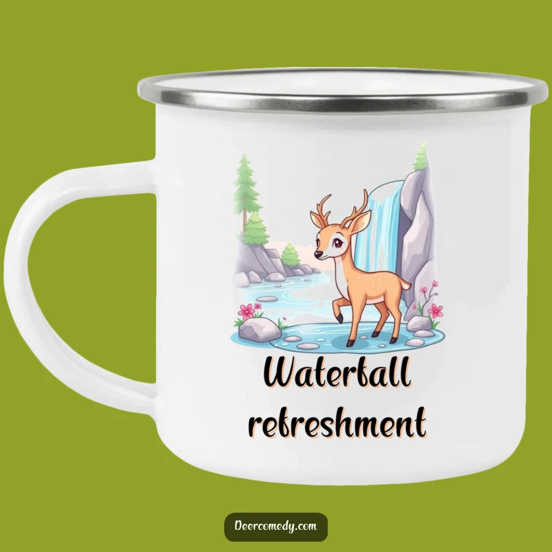 Funny Deer Adventure Mug: Waterfall Serenity for Peaceful Campouts Gift