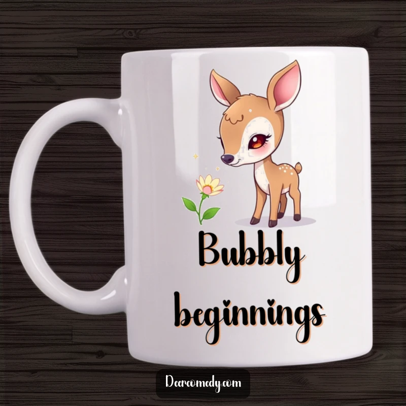 Funny mug showcasing a curious deer gently sniffing a flower that emits tiny, sparkling, iridescent bubbles, capturing gentle wonder.