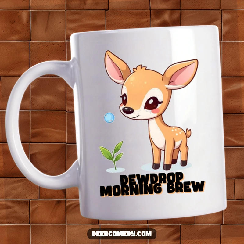 Funny mug showing a playful deer concentrating hard to balance a single dewdrop on its nose, capturing a whimsical moment.