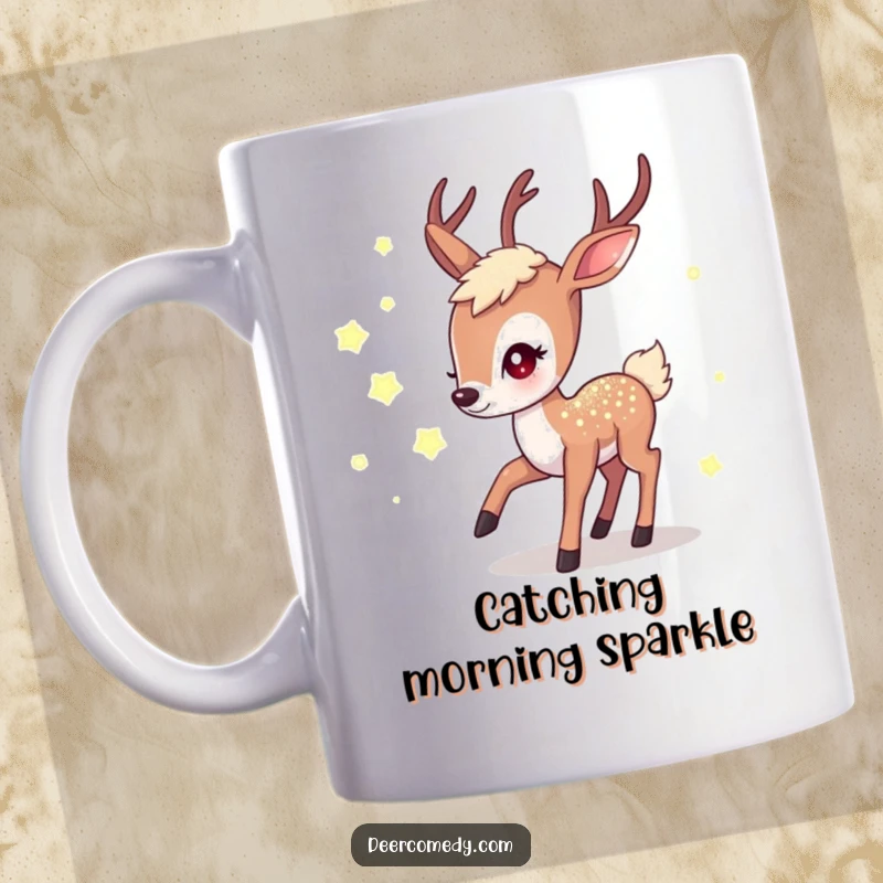 Funny mug featuring a kawaii deer with a shimmering coat, chasing glowing fireflies under a starry night sky, a magical funny gift.