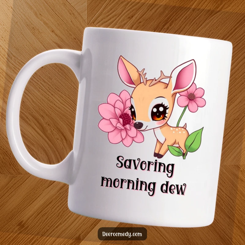 Funny mug featuring a kawaii deer with huge expressive eyes, gently sniffing a giant flower, a sweet and funny gift.