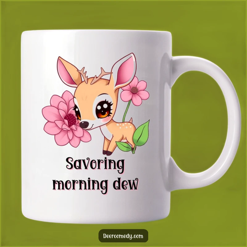 Funny Kawaii Deer Flower Mug: Big Eyes Deer Sniffing Bloom, Perfect Funny Gift