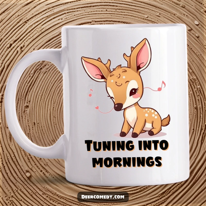 Funny kawaii deer mug featuring a deer with oversized ears listening intently to a soft, tiny melody.