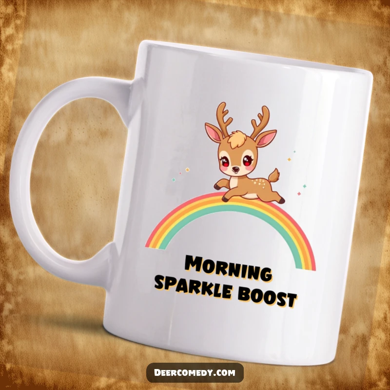 Funny kawaii deer mug featuring a deer with sparkling eyes playfully leaping over a vibrant rainbow arch.