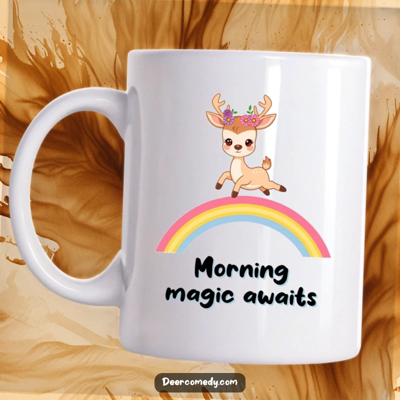 Funny mug showcasing a cute deer with flowers in its antlers joyfully leaping over a vibrant, arcing rainbow.