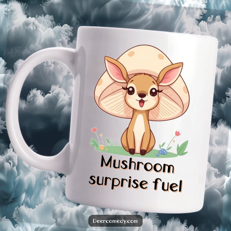 Funny mug featuring a deer with a surprised expression peeking from behind a large, smiling mushroom in a forest setting.