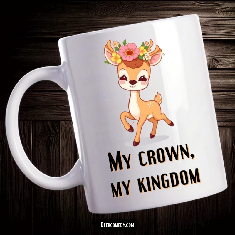 Funny mug featuring a kawaii deer with a flower wreath, prancing playfully with ecstatic joy, a perfect funny present.