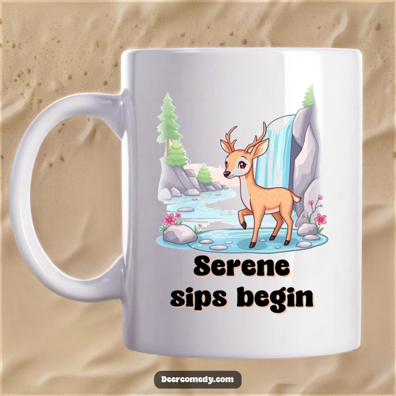 Funny mug showcasing a graceful deer posing elegantly beside a sparkling, cascading waterfall in a natural setting.