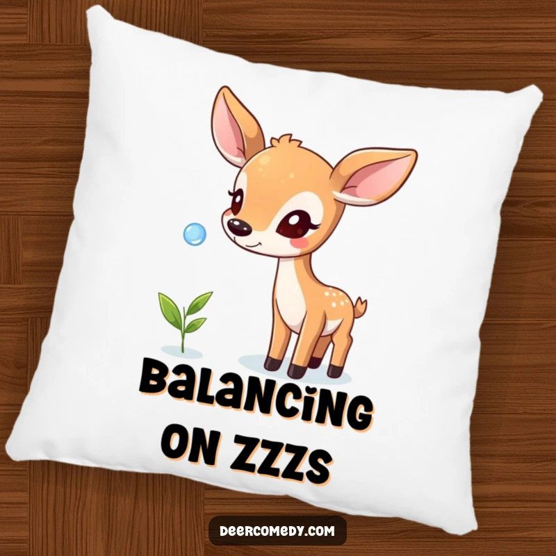 Funny pillow featuring a deer balancing a dewdrop on its nose, perfect for adding comfort and whimsical charm.