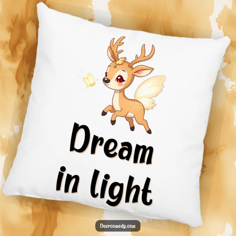 Funny pillow with a delighted deer joyfully pursuing a radiant butterfly made of shimmering light, perfect for adding whimsical charm to any sofa.