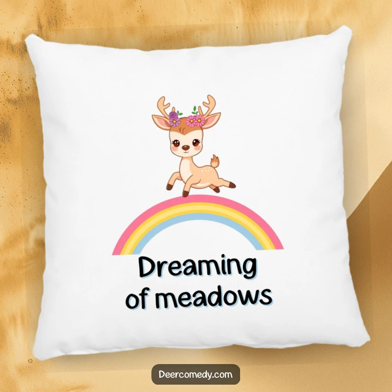 Funny pillow featuring a cute deer with flowers in its antlers joyfully leaping over a bright, beautiful rainbow.