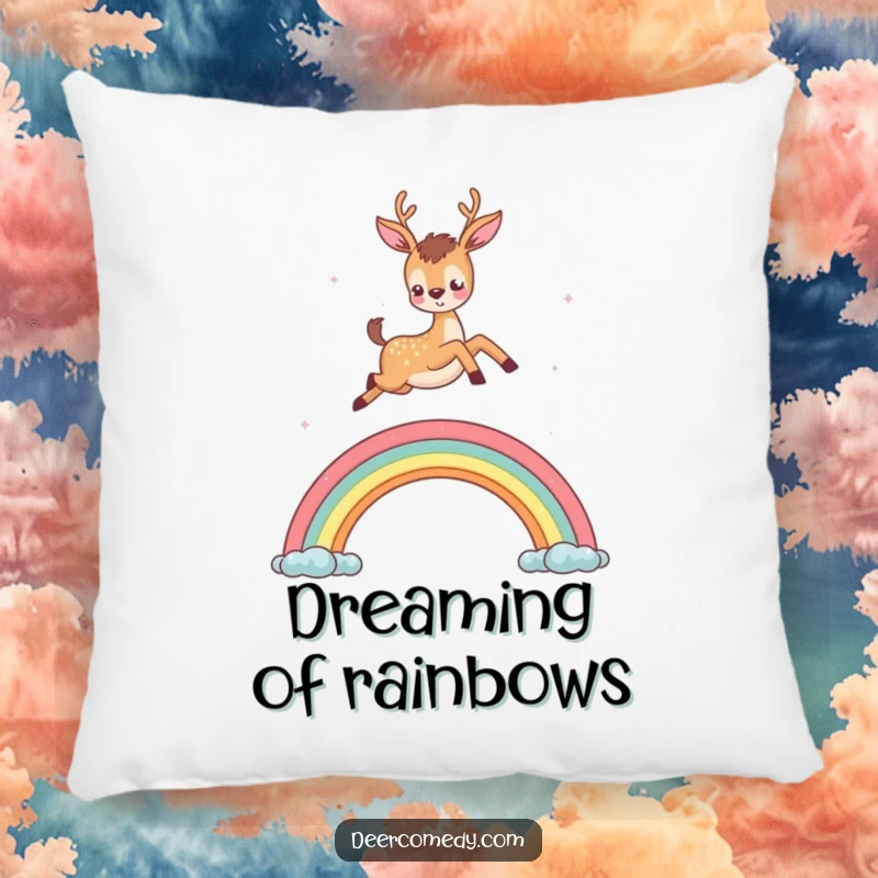 Funny pillow featuring a deer leaping over a rainbow, perfect for adding a whimsical and cozy feel.