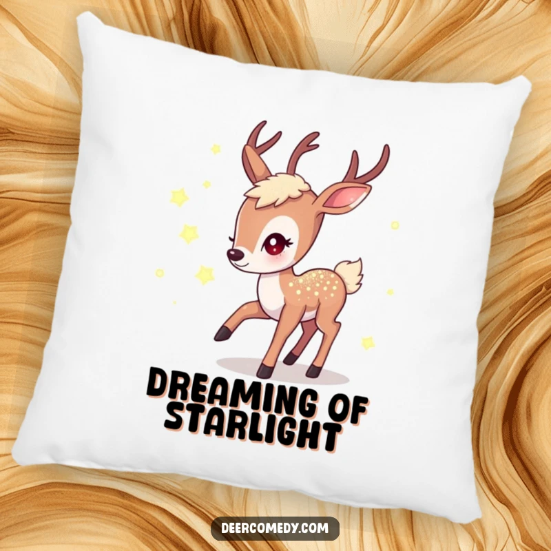 Funny pillow featuring a shimmering kawaii deer chasing glowing fireflies, a magical and funny gift for comfort.