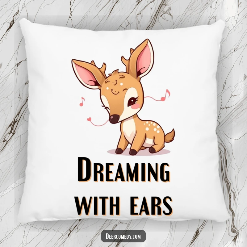 Funny kawaii deer pillow showing a deer with oversized ears, listening intently to a subtle, tiny melody.