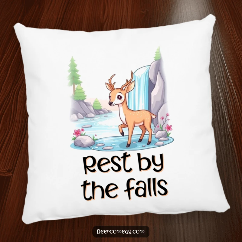 Funny pillow showing a graceful deer posing elegantly beside a sparkling waterfall.