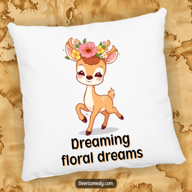 Funny pillow featuring a charming kawaii deer with a floral crown, prancing with pure delight, a soft and funny gift.