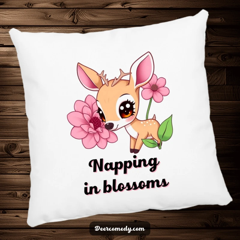 Funny pillow with a kawaii deer and expressive eyes, sniffing a large flower, a soft and funny gift.