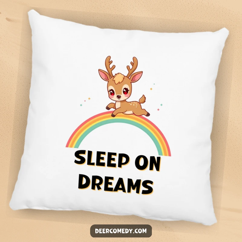 Funny kawaii deer pillow showing a deer with sparkling eyes, playfully leaping over a rainbow arch.