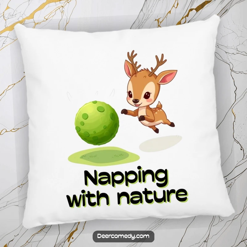 Funny pillow showing a little deer enthusiastically chasing a bouncy ball made from soft, green moss.