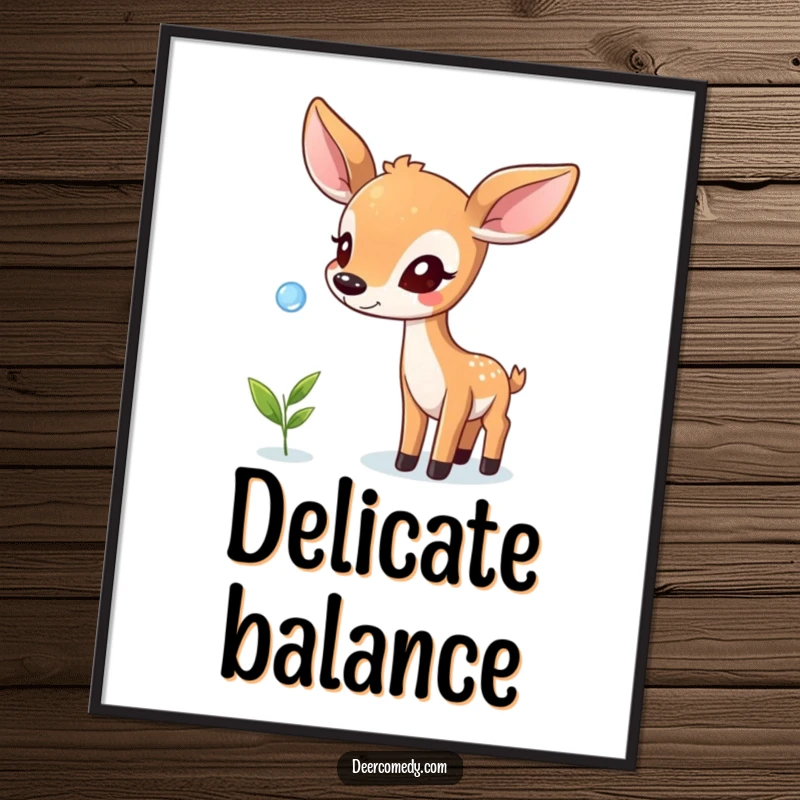 Funny digital art print of a deer balancing a dewdrop on its nose, designed to bring gentle whimsy and humor to digital displays.